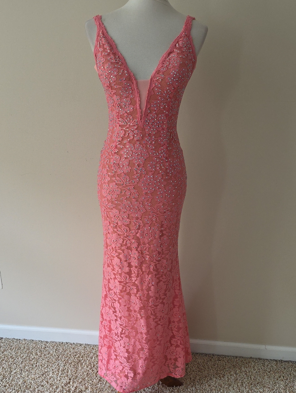 Jovani Coral Lace Evening Gown with Beaded Detail